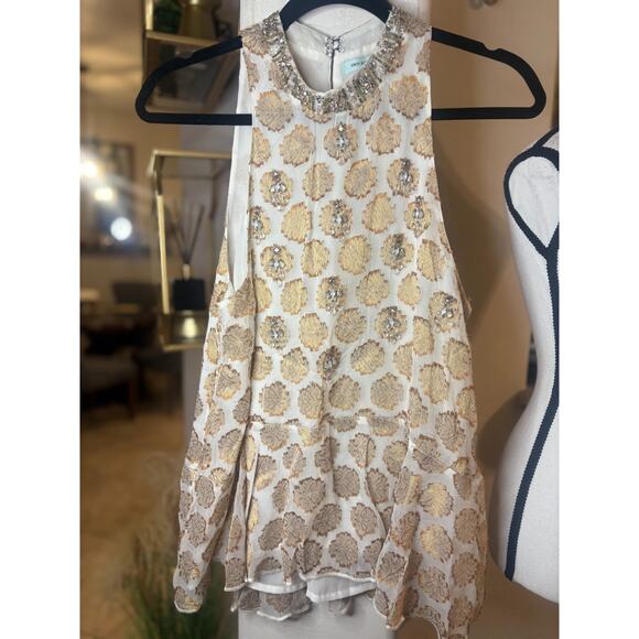 Kimchi Blue Rhinestone Beaded Gem Gold Metallic Jacquard Halter Blouse S 4-8 - Picture 2 of 7